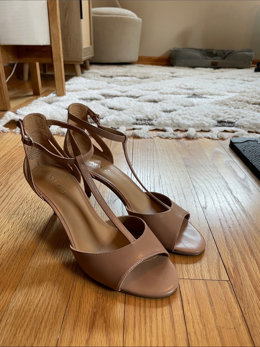 Nine West Tan T-Strap Open Toe Heels